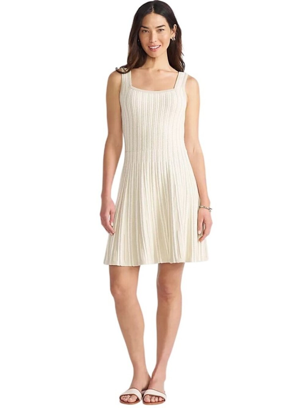 Lands' End Square Neck Ribbed Knit Sweater Dress Sz MED Striped Preppy